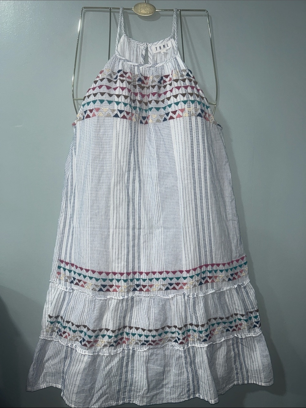 THML White Maxi Split neckline Dress with Multicolor Geometric Embroidery